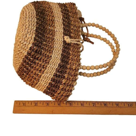 Nine West Womens Tan & Brown Color Block Straw Beaded Double Handle Tote Bag - Picture 5 of 9